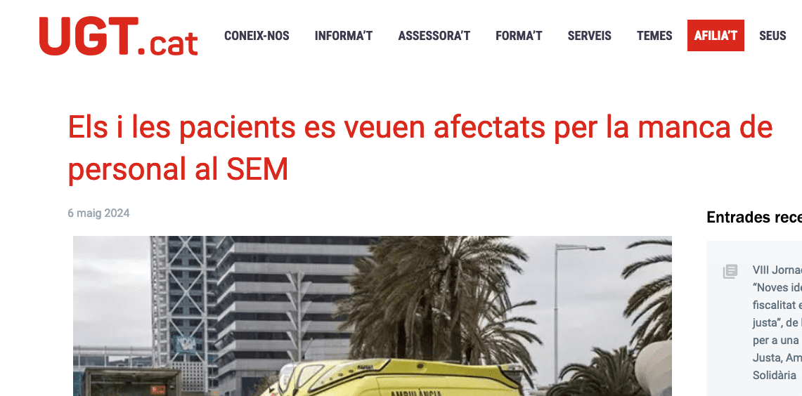 UGT publica una notícia posant en dubte les capacitats de les infermeres del SEM